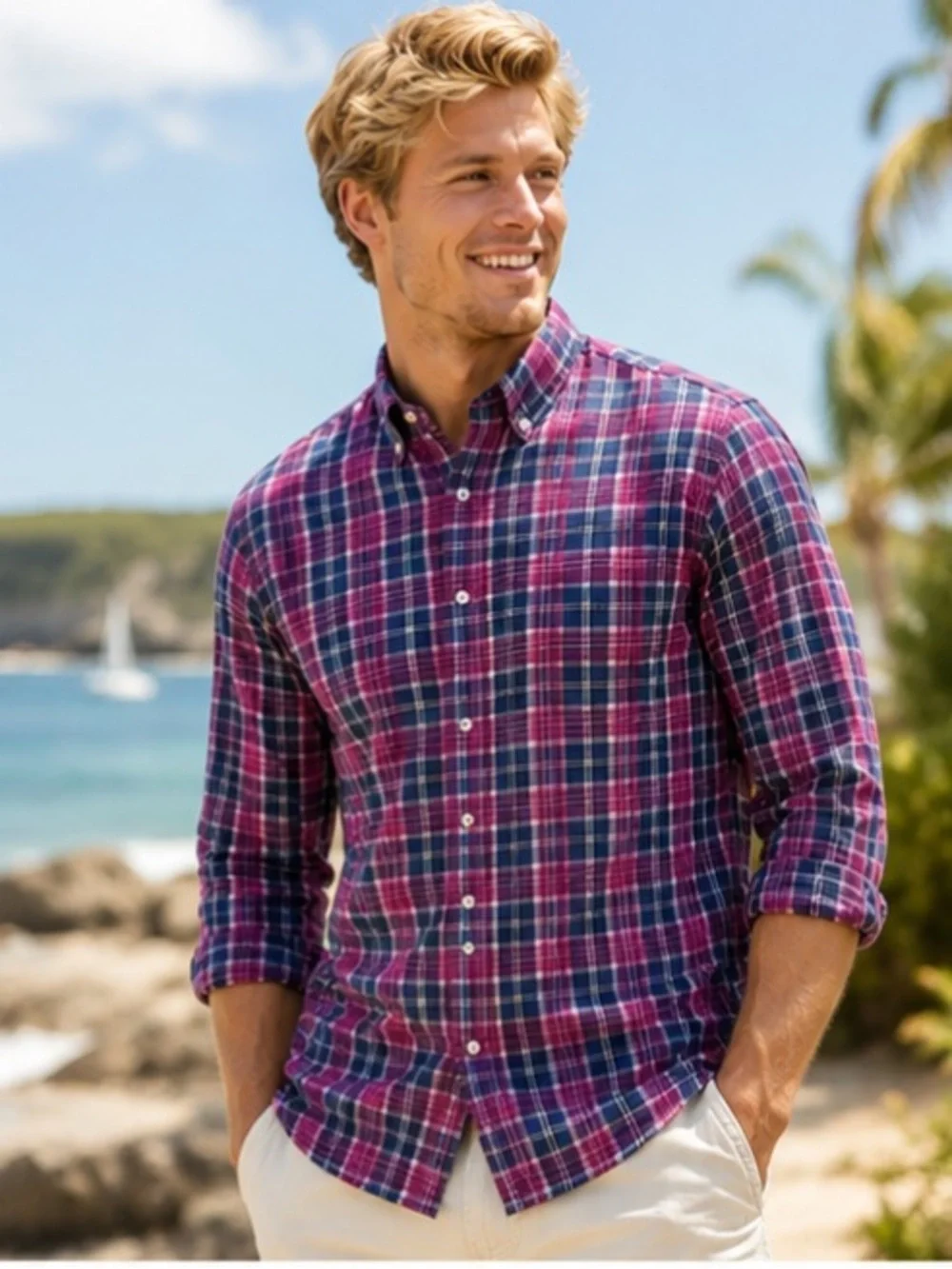 J.Crew Tartan Plaid Button Down Shirt Men’s LT Blue Pink Long Sleeve Casual